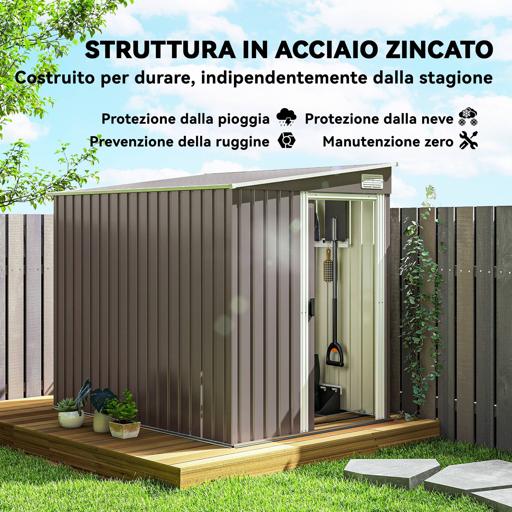 Abri de jardin adossé acier rangement extérieur porte coulissante 206x154x181cm gris - ComfortXL Outdoor Living - Image 6