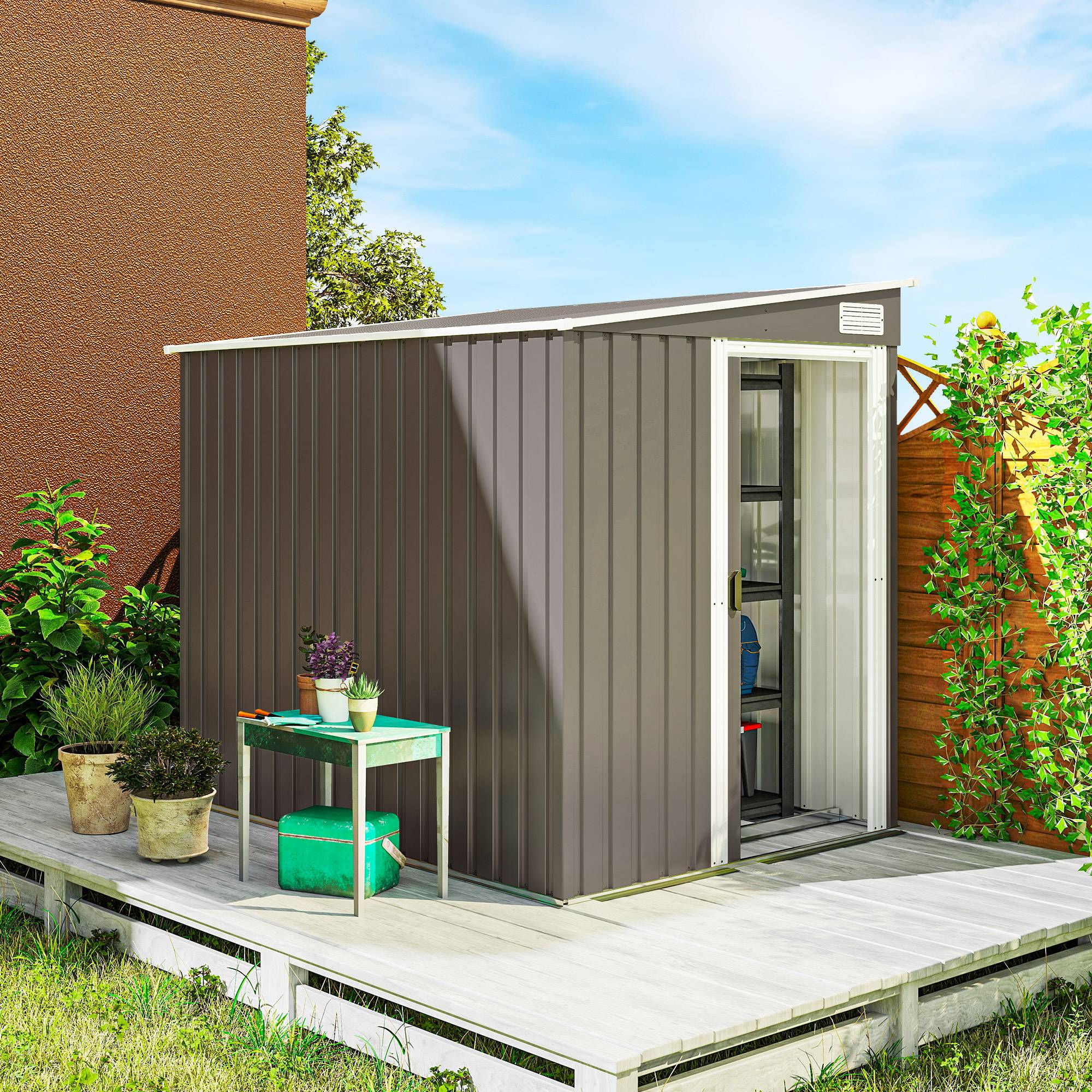 Abri de jardin adossé acier rangement extérieur porte coulissante 206x154x181cm gris - ComfortXL Outdoor Living - Image 3