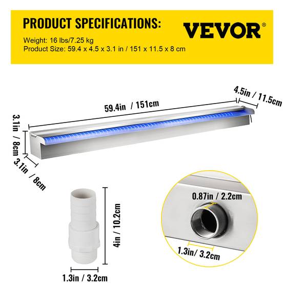 VEVOR Déversoir cascade piscine inox 151x11.5x8cm avec LED couleur, télécommande, pour étang/jardin extérieur. - Image 7