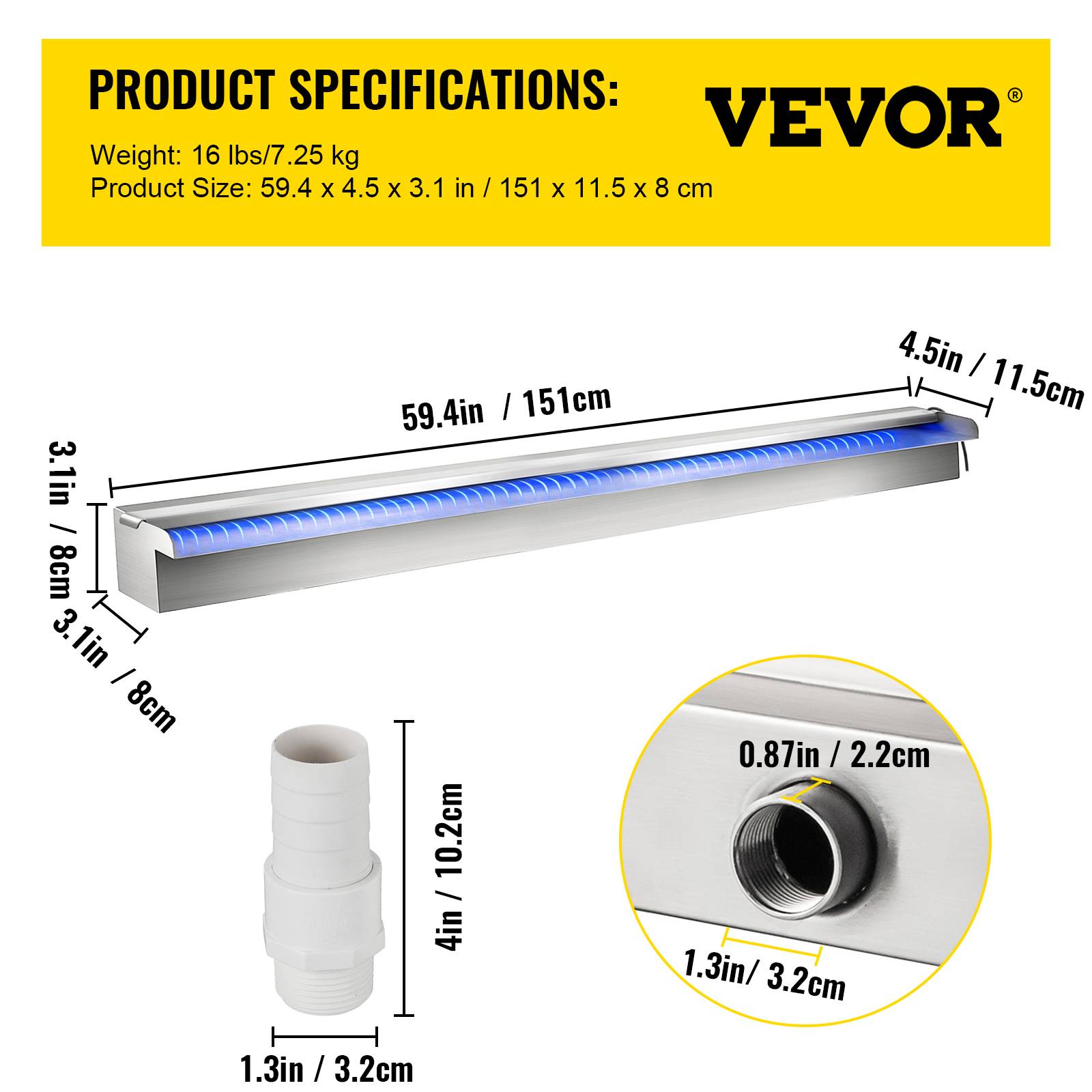 VEVOR Déversoir cascade piscine inox 151x11.5x8cm avec LED couleur, télécommande, pour étang/jardin extérieur. - Image 7