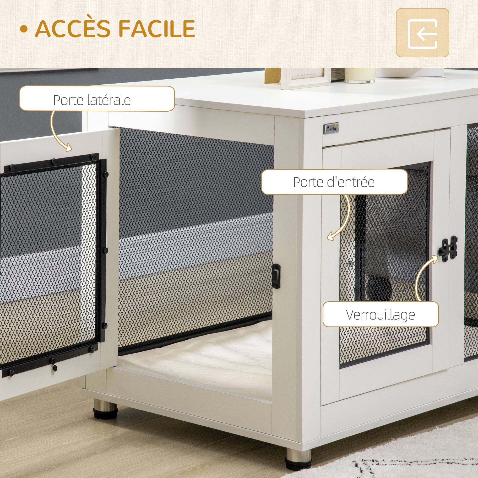 Pawhut - Cage pour chien sur pied style industriel - 2 portes verrouillables, coussin inclus - acier maillé noir panneaux aspect bois blanc - Imagen 6
