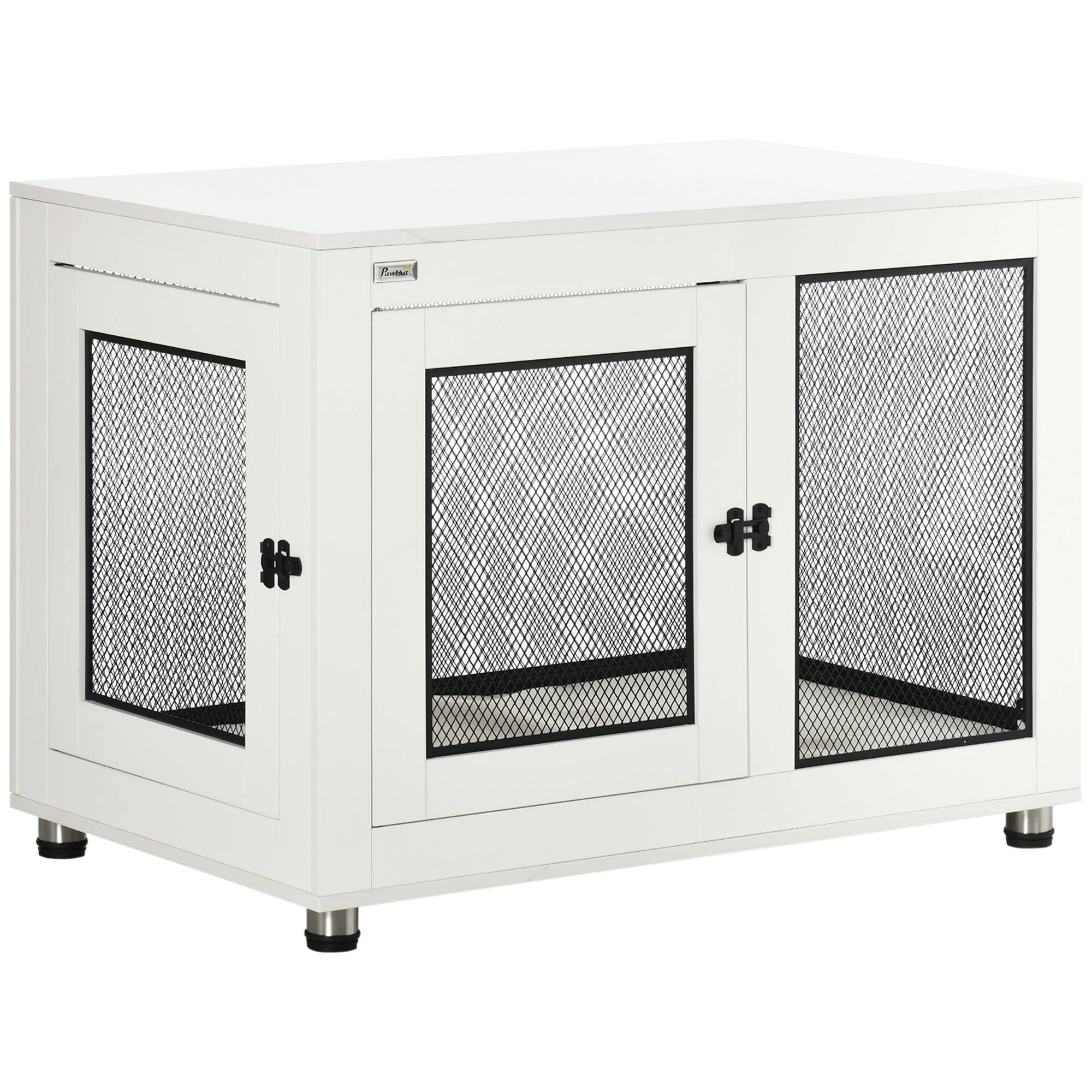 Pawhut - Cage pour chien sur pied style industriel - 2 portes verrouillables, coussin inclus - acier maillé noir panneaux aspect bois blanc - Imagen 1