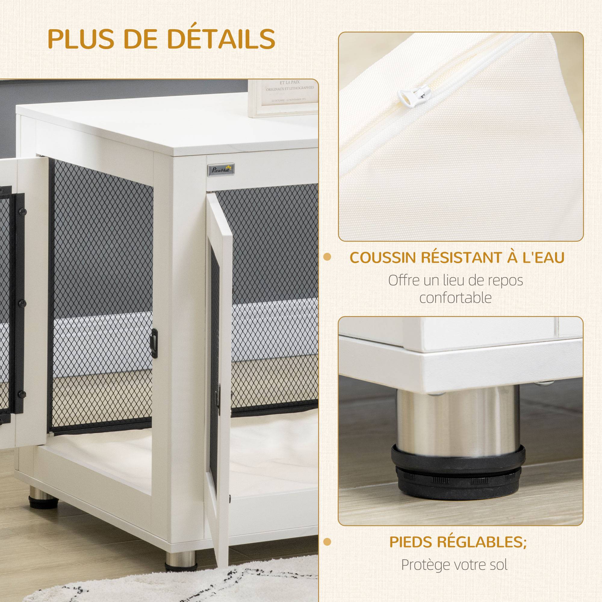 Pawhut - Cage pour chien sur pied style industriel - 2 portes verrouillables, coussin inclus - acier maillé noir panneaux aspect bois blanc - Imagen 7