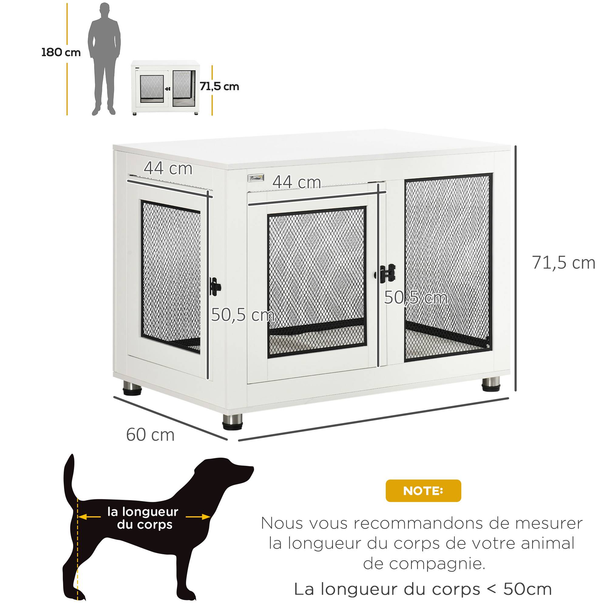Pawhut - Cage pour chien sur pied style industriel - 2 portes verrouillables, coussin inclus - acier maillé noir panneaux aspect bois blanc - Imagen 3