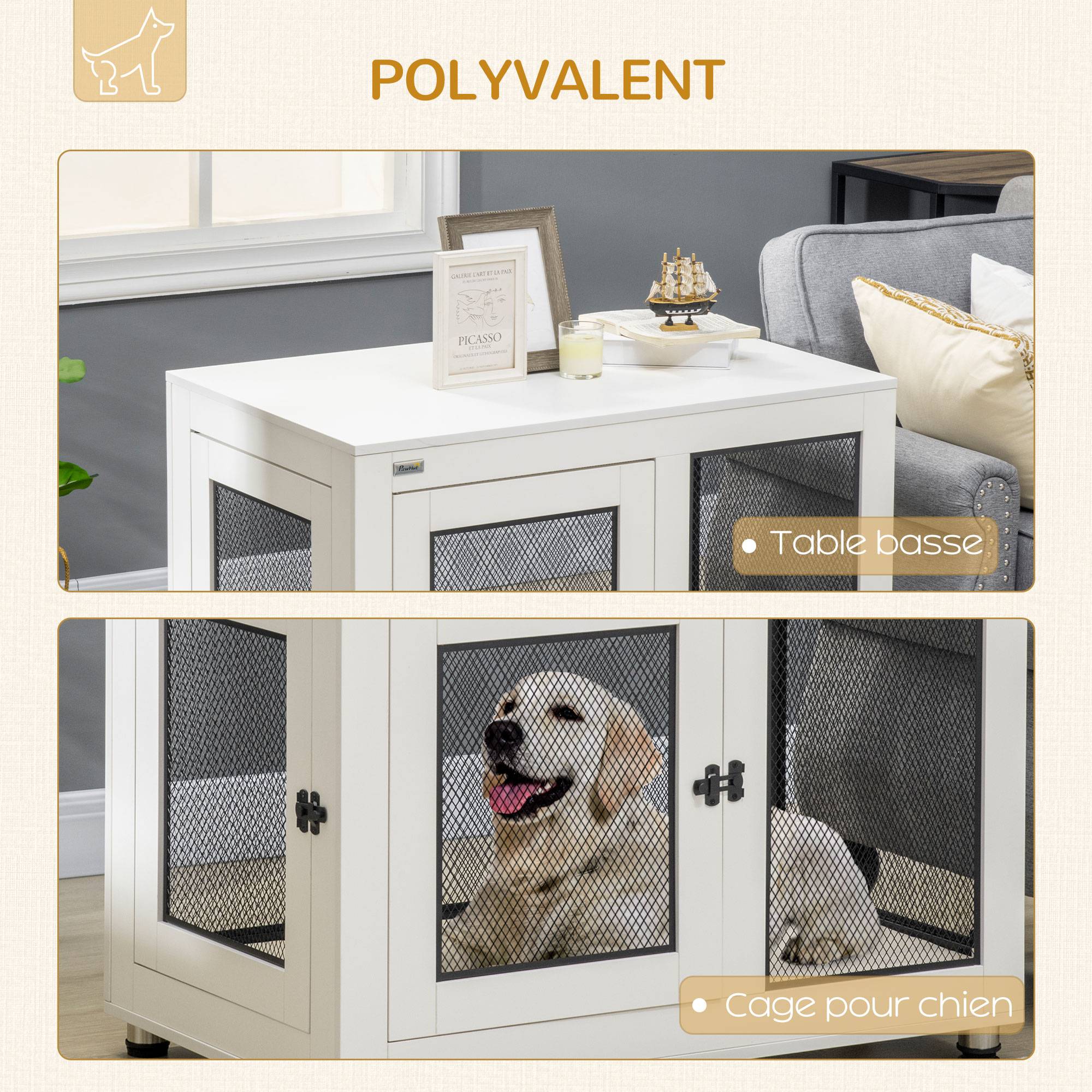 Pawhut - Cage pour chien sur pied style industriel - 2 portes verrouillables, coussin inclus - acier maillé noir panneaux aspect bois blanc - Imagen 5