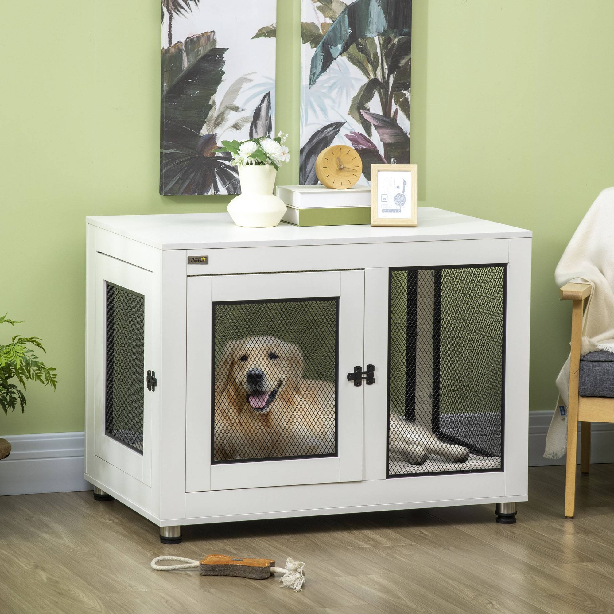 Pawhut - Cage pour chien sur pied style industriel - 2 portes verrouillables, coussin inclus - acier maillé noir panneaux aspect bois blanc - Imagen 2