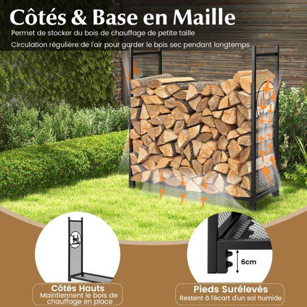 Helloshop26 - Support à bois de chauffage 121 cm support à bûches robuste avec côtés en maille motifs de cerfs et d'arbres pour intérieur et extérieur noir - Imagen 2