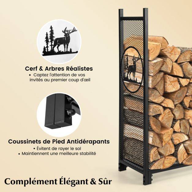 Helloshop26 - Support à bois de chauffage 121 cm support à bûches robuste avec côtés en maille motifs de cerfs et d'arbres pour intérieur et extérieur noir - Imagen 3