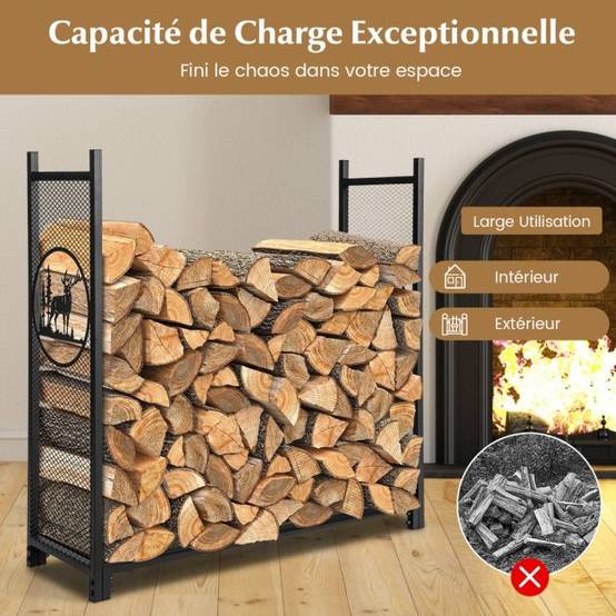 Helloshop26 - Support à bois de chauffage 121 cm support à bûches robuste avec côtés en maille motifs de cerfs et d'arbres pour intérieur et extérieur noir - Imagen 4