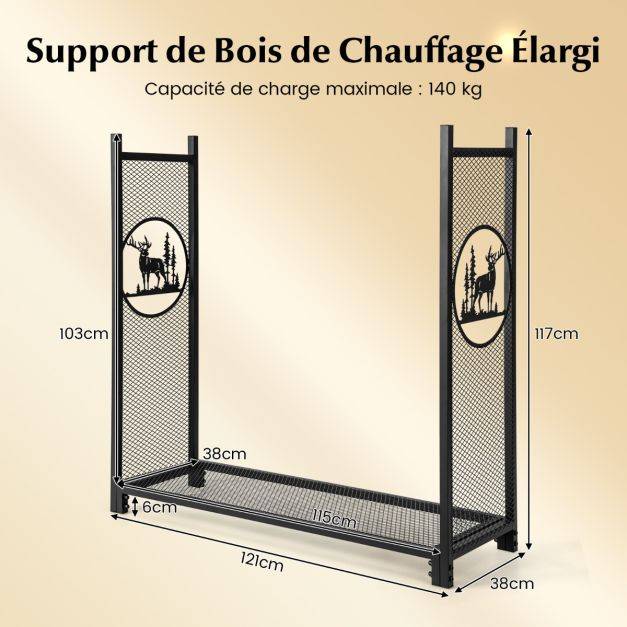 Helloshop26 - Support à bois de chauffage 121 cm support à bûches robuste avec côtés en maille motifs de cerfs et d'arbres pour intérieur et extérieur noir - Imagen 6