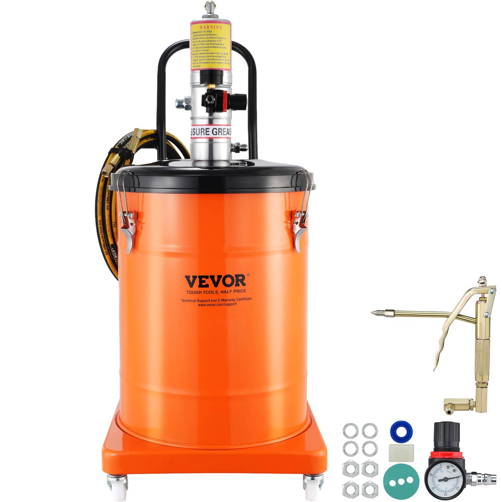 VEVOR Pompe à graisse pneumatique 50:1, 40L, 4m tuyau, buse 360°, sur roues, NPT.