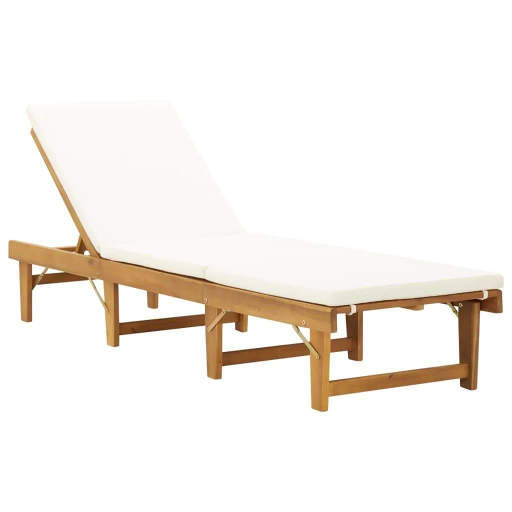 Helloshop26 - Transat chaise longue bain de soleil lit de jardin terrasse meuble d'extérieur pliable coussin bois massif d'acacia blanc crème - Imagen 1