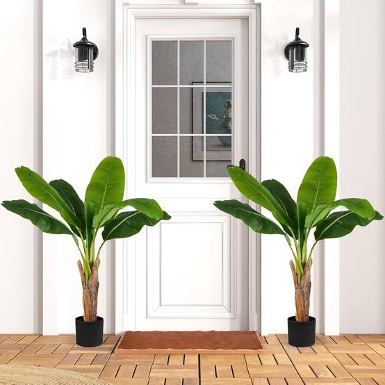 Lot de 2 Arbres Artificiels Oiseau de Paradis de 107 cm, Fausses Plantes à Feuilles de Bananier avec Pot Branches Réglables pour Maison Porche - Image 2