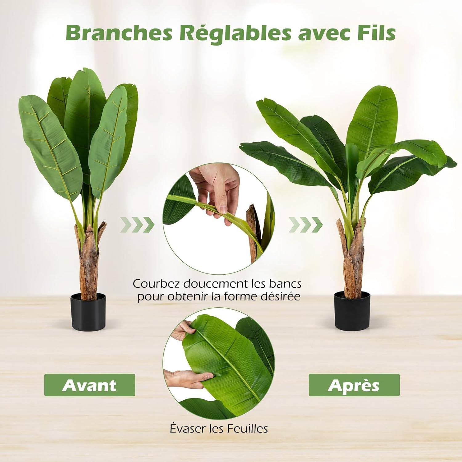 Lot de 2 Arbres Artificiels Oiseau de Paradis de 107 cm, Fausses Plantes à Feuilles de Bananier avec Pot Branches Réglables pour Maison Porche - Image 4