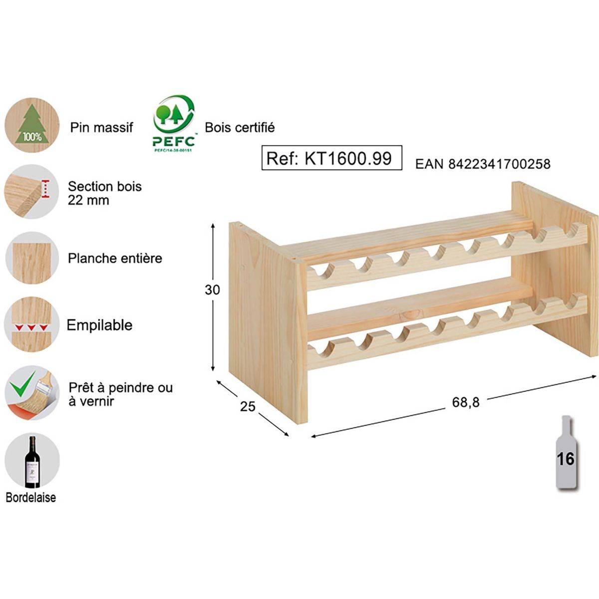 Casier à bouteilles empilable en pin Katea Epaisseur du bois 22 mm - Image 1