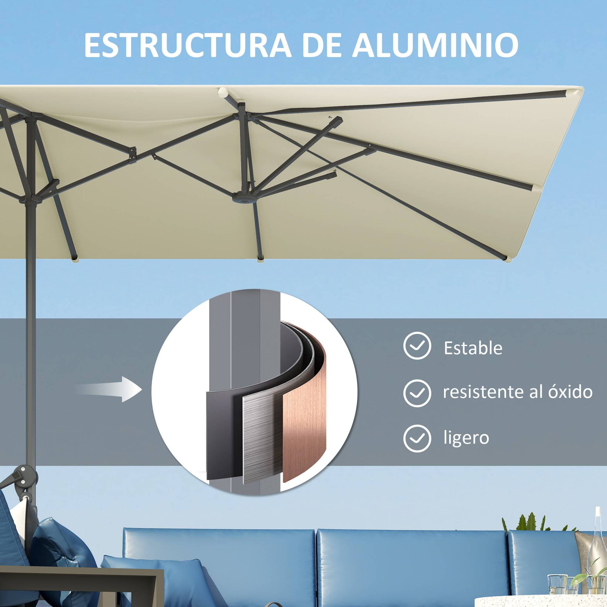 Parasol double 4,5 x 2,6 m pour terrasse extérieure, avec manivelle, imperméable et protection UV50+, couleur crème. - Image 8