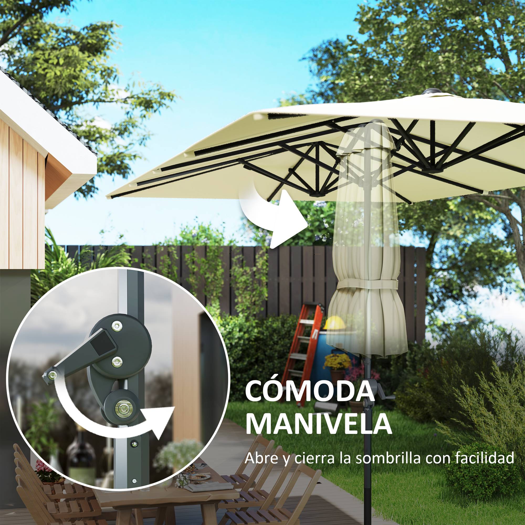 Parasol double 4,5 x 2,6 m pour terrasse extérieure, avec manivelle, imperméable et protection UV50+, couleur crème. - Image 9