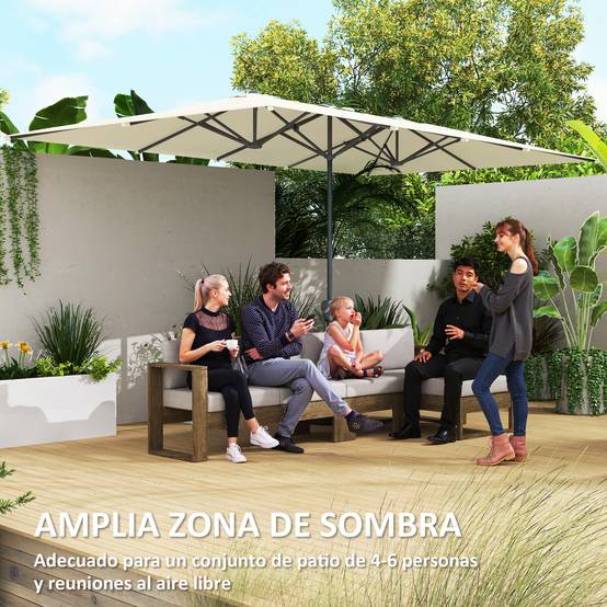 Parasol double 4,5 x 2,6 m pour terrasse extérieure, avec manivelle, imperméable et protection UV50+, couleur crème. - Image 6