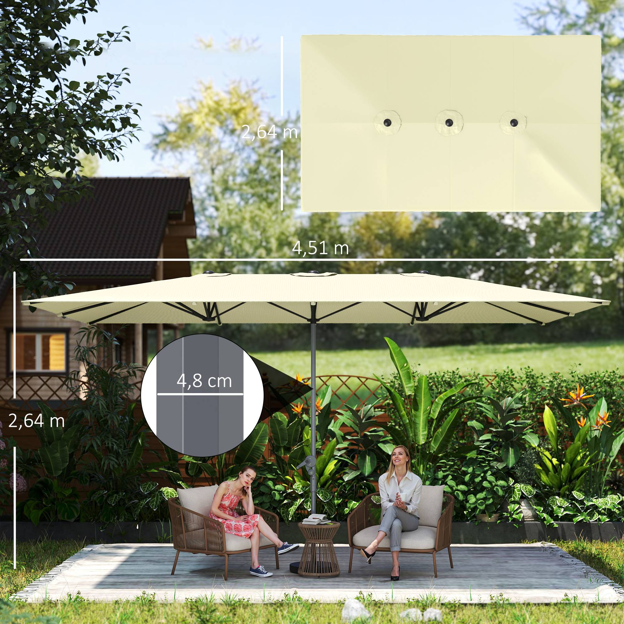 Parasol double 4,5 x 2,6 m pour terrasse extérieure, avec manivelle, imperméable et protection UV50+, couleur crème. - Image 5