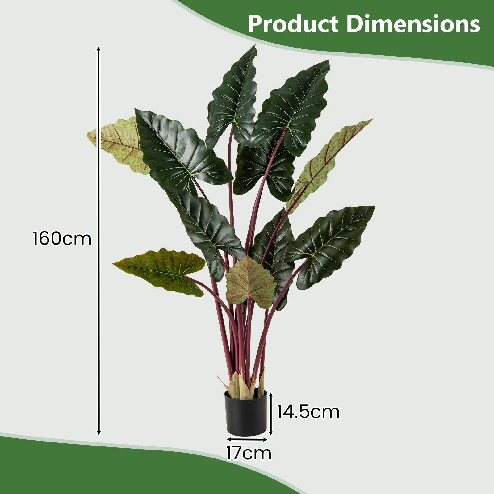 Plante Artificielle de 160 cm, Imitation Taro Arc-en-Ciel en Pot avec 11 Feuilles Fausse Tiges Flexibles, Arbre Artificiel Décoration Moderne - Image 4