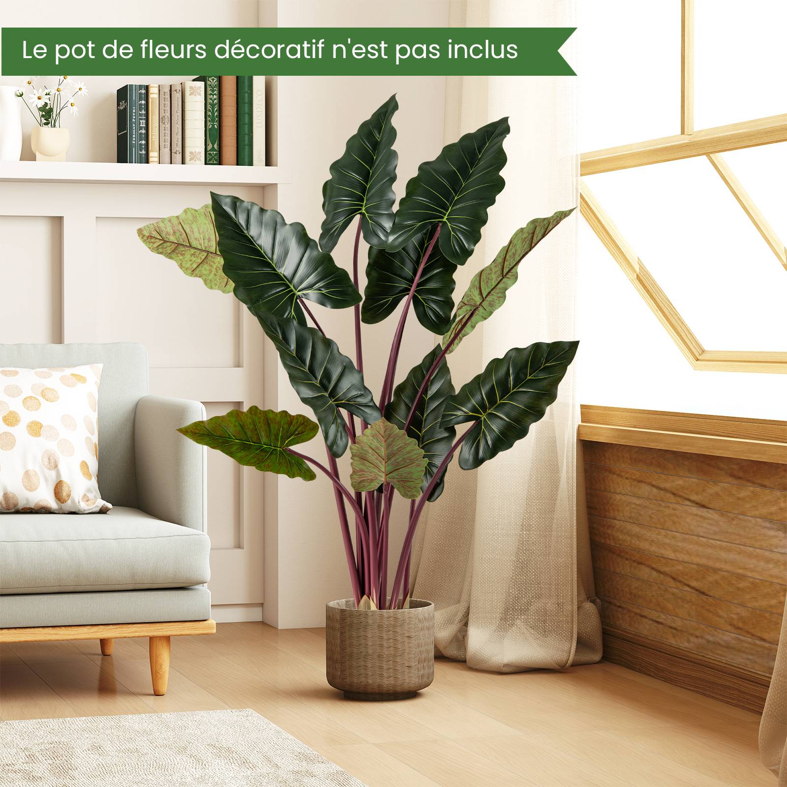 Plante Artificielle de 160 cm, Imitation Taro Arc-en-Ciel en Pot avec 11 Feuilles Fausse Tiges Flexibles, Arbre Artificiel Décoration Moderne - Image 2