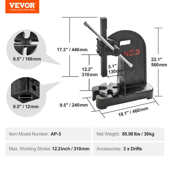 Vevor - VEVOR Presse crémaillère 3 tonnes, hauteur max 310 mm, fonte. Estampage. - Image 7
