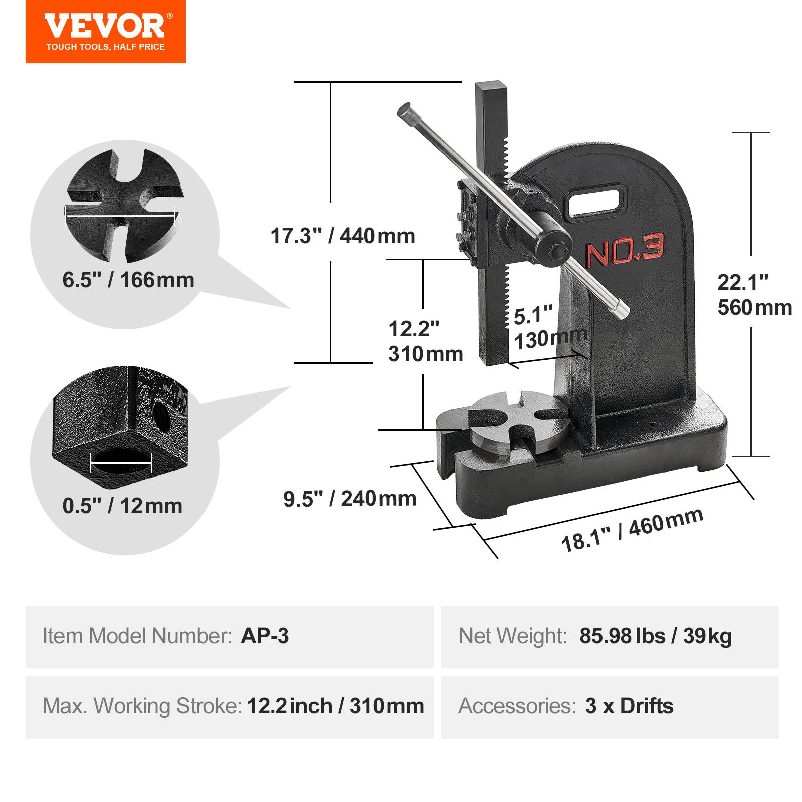 Vevor - VEVOR Presse crémaillère 3 tonnes, hauteur max 310 mm, fonte. Estampage. - Image 7