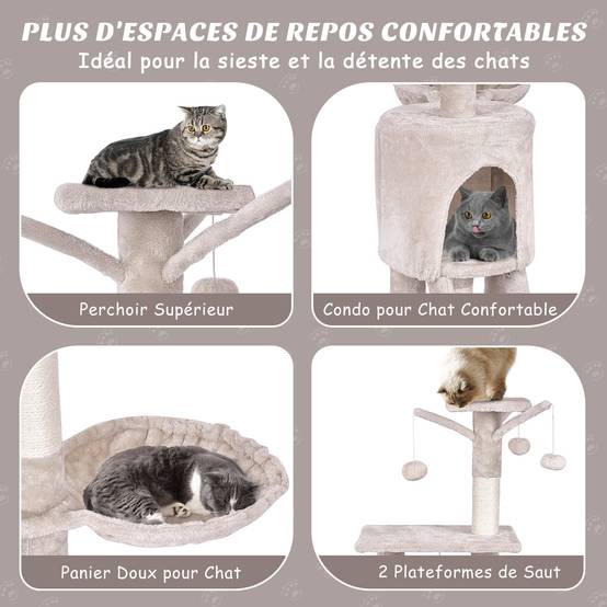 Arbre à Chat XXL 140 cm en Bois, 4 Plateformes, 7 Poteaux à Griffer en Sisal, 3 Baquettes à Pompons, Echelle, Condo, Tissu Peluche, 93 x 36 x 140 cm - Image 4