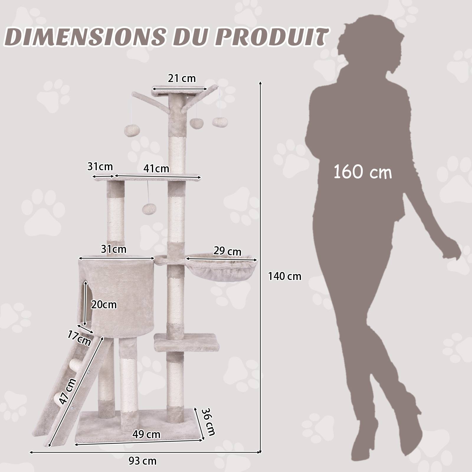 Arbre à Chat XXL 140 cm en Bois, 4 Plateformes, 7 Poteaux à Griffer en Sisal, 3 Baquettes à Pompons, Echelle, Condo, Tissu Peluche, 93 x 36 x 140 cm - Image 3