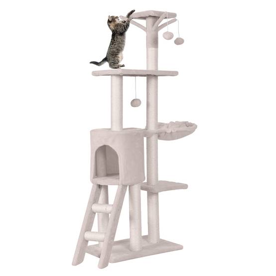 Arbre à Chat XXL 140 cm en Bois, 4 Plateformes, 7 Poteaux à Griffer en Sisal, 3 Baquettes à Pompons, Echelle, Condo, Tissu Peluche, 93 x 36 x 140 cm - Image 1