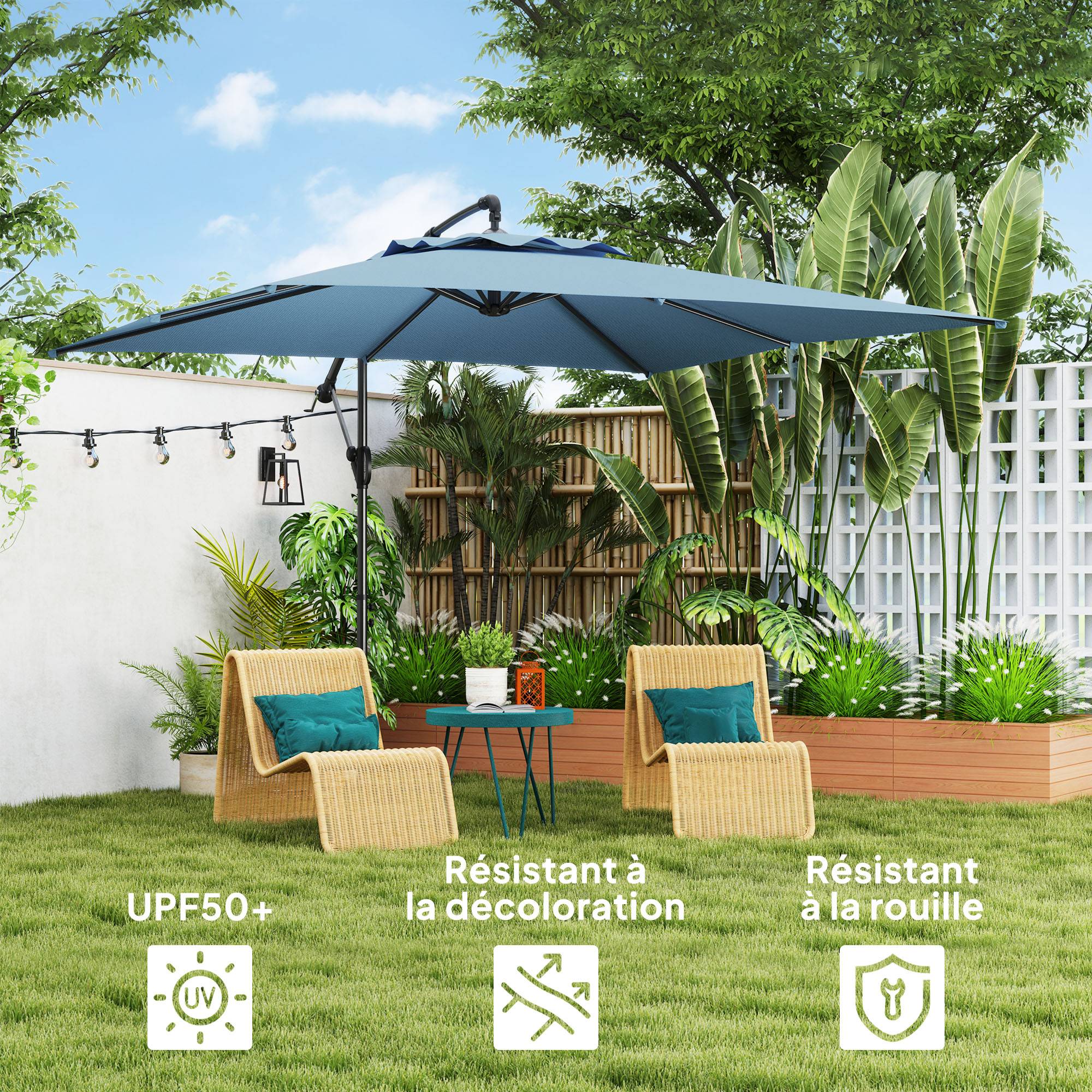Parasol déporté carré 3 x 3 m avec manivelle, base croisée - Polyester Bleu fr305 - Image 6