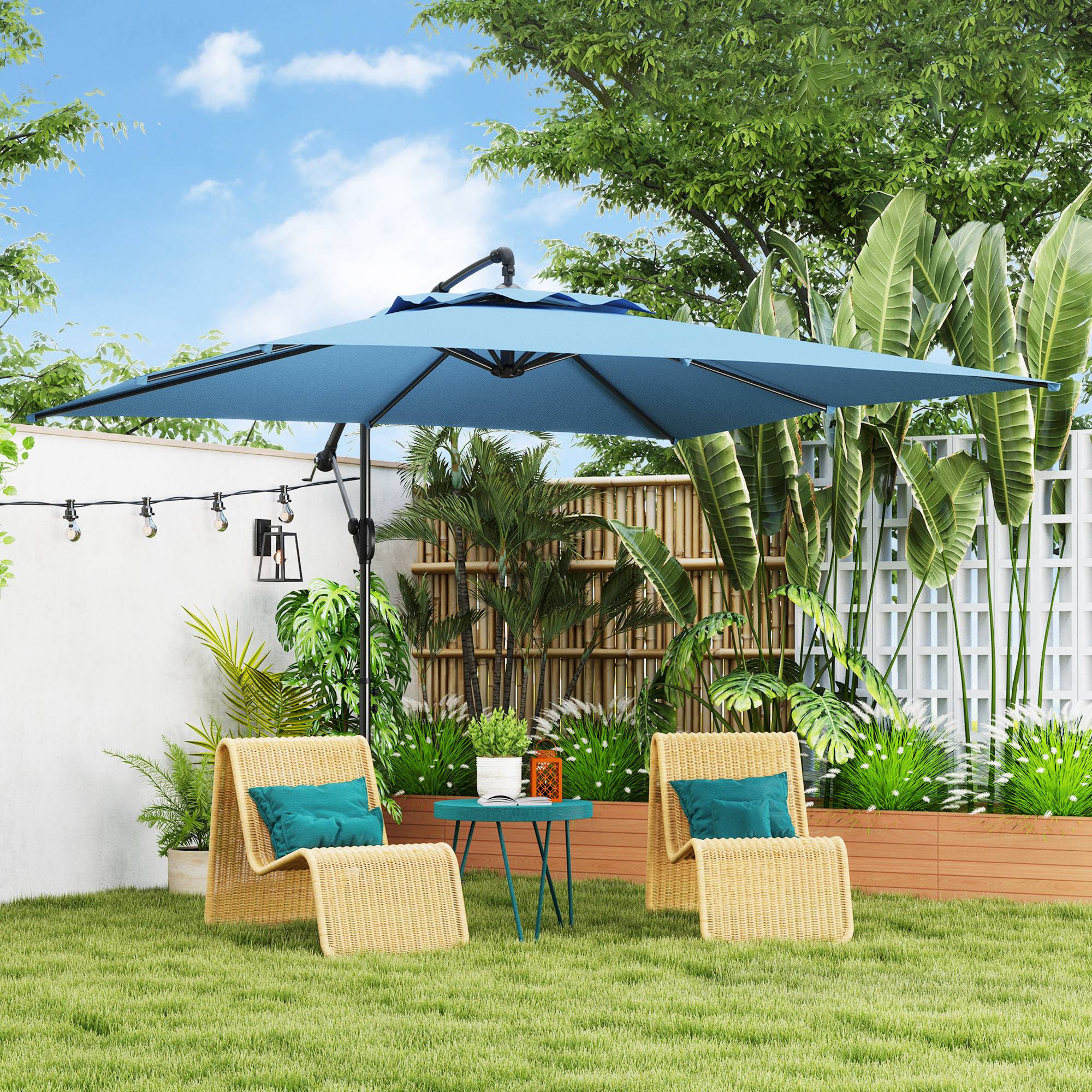 Parasol déporté carré 3 x 3 m avec manivelle, base croisée - Polyester Bleu fr305 - Image 3
