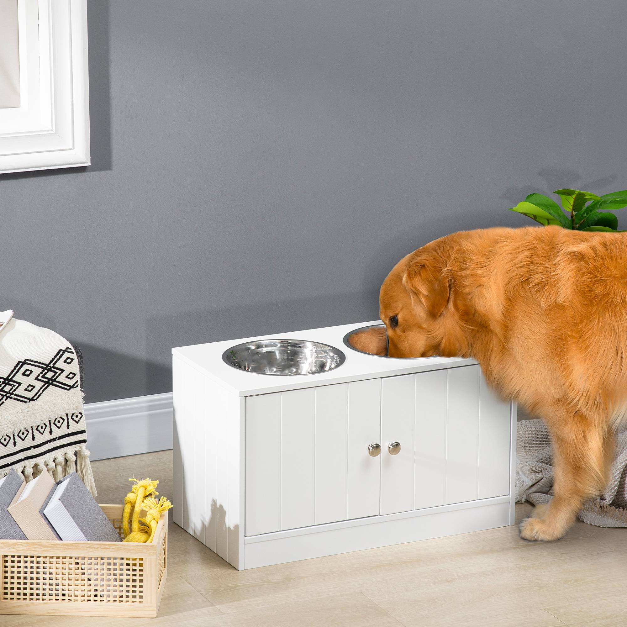 ComfortXL - Porte-Gamelles Surélevé Inox et MDF Grand Chien avec Meuble Rangement 60x30x35cm Blanc - ComfortXL Outdoor Living - Image 3