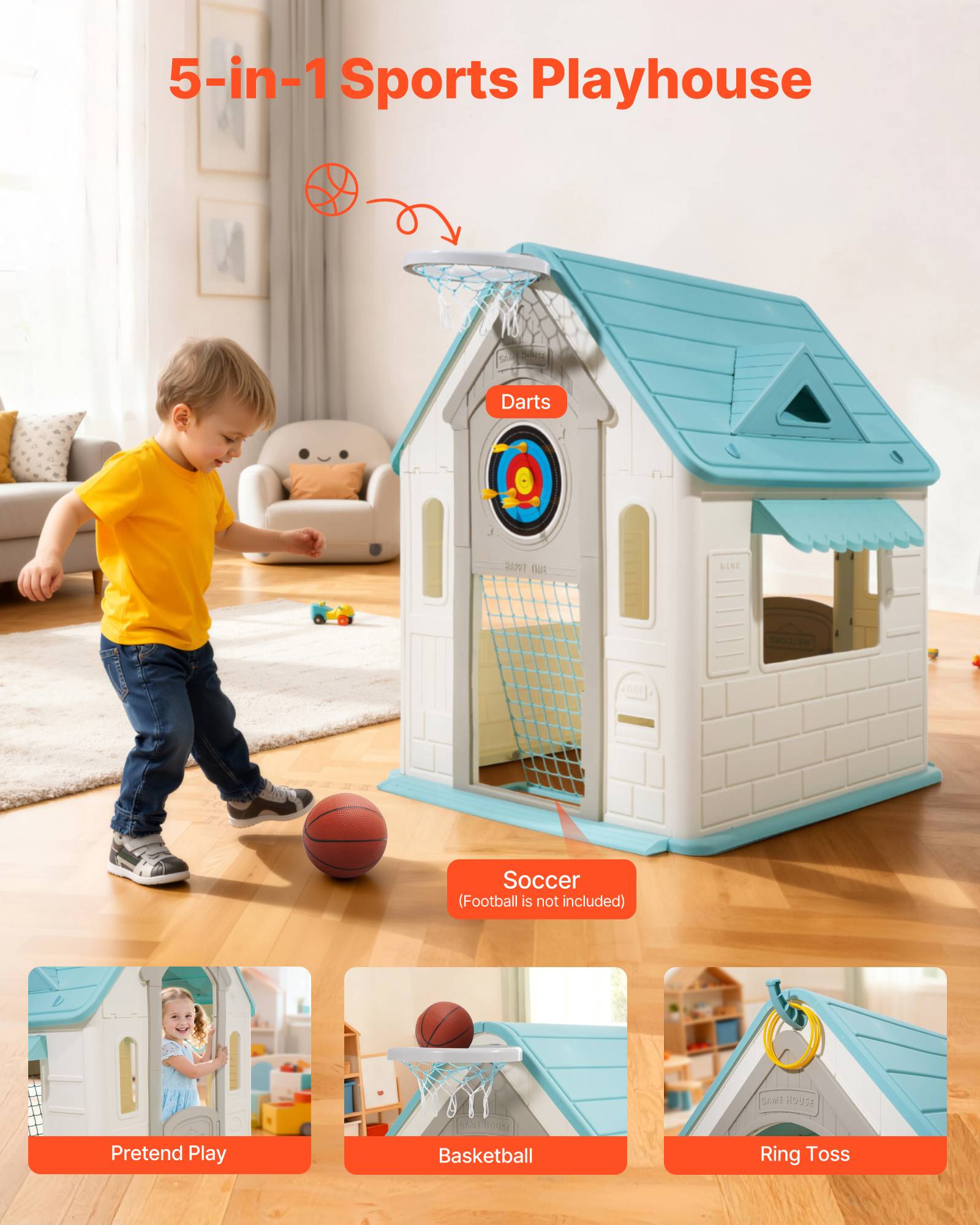 Vevor - VEVOR Maisonnette enfants 5 en 1, maison de jeu pour tout‑petits dès 2 ans, activités basket, foot et fléchettes - Image 2