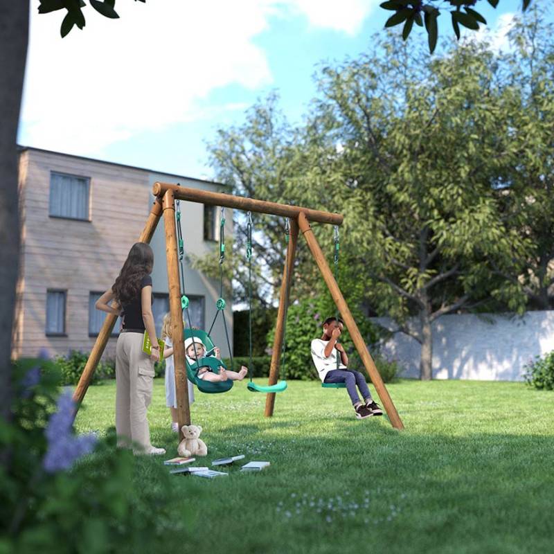 Soulet - Portique en bois rond 3 agrès avec balançoire bébé et corde disque TIAGO - Imagen 3