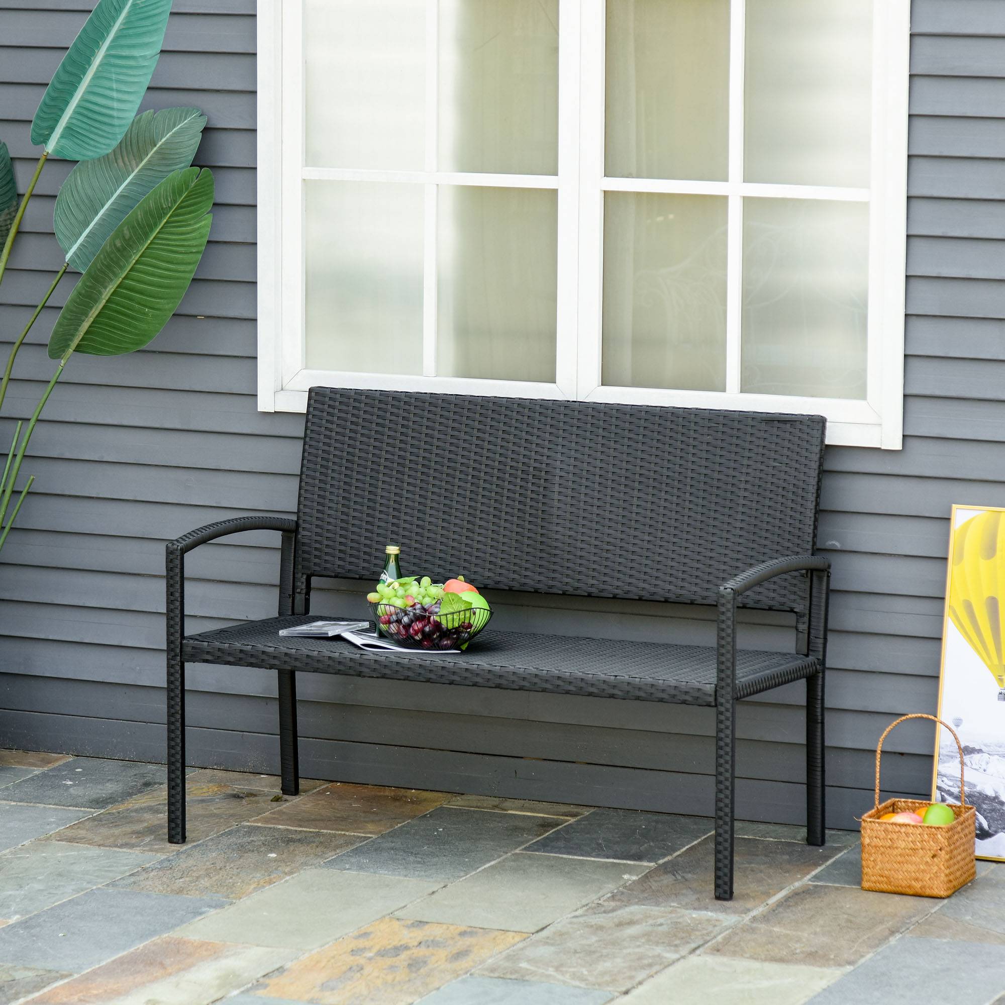 Outsunny - Banc de jardin 2 places style cosy chic résine tressée 4 fils imitation rotin noir - Outsunny - Imagen 2