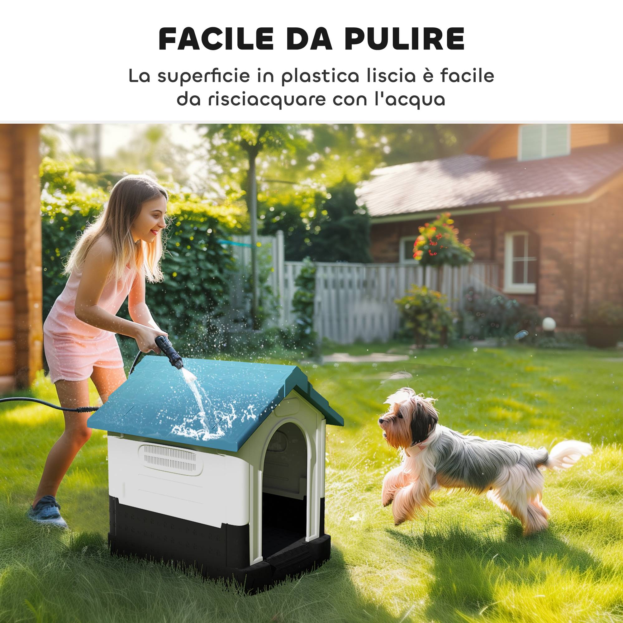 Petite niche extérieure plastique pour chien, fenêtres, base surélevée, 64.5x57x66 cm, bleu - Image 7