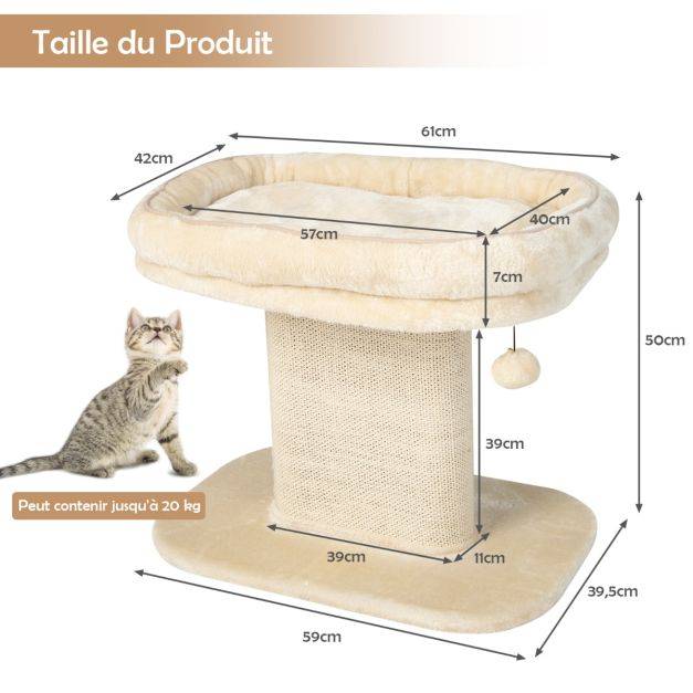 Helloshop26 - Arbre à chat en forme de tour avec lit grand perchoir en peluche tour à gratter en sisal pour chaton balle interactive beige - Imagen 2