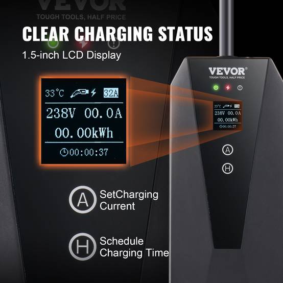 VEVOR Chargeur EV portable Type 2 16A 3,7kW, câble 8,6m, écran LCD, IP66, sac rangement. - Image 6