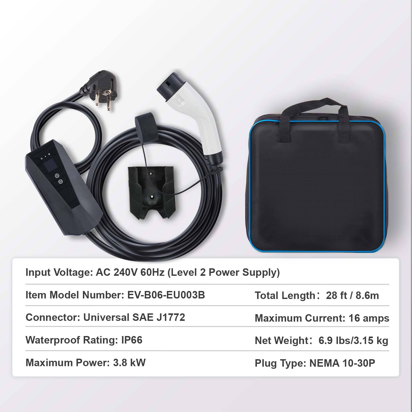 VEVOR Chargeur EV portable Type 2 16A 3,7kW, câble 8,6m, écran LCD, IP66, sac rangement. - Image 7