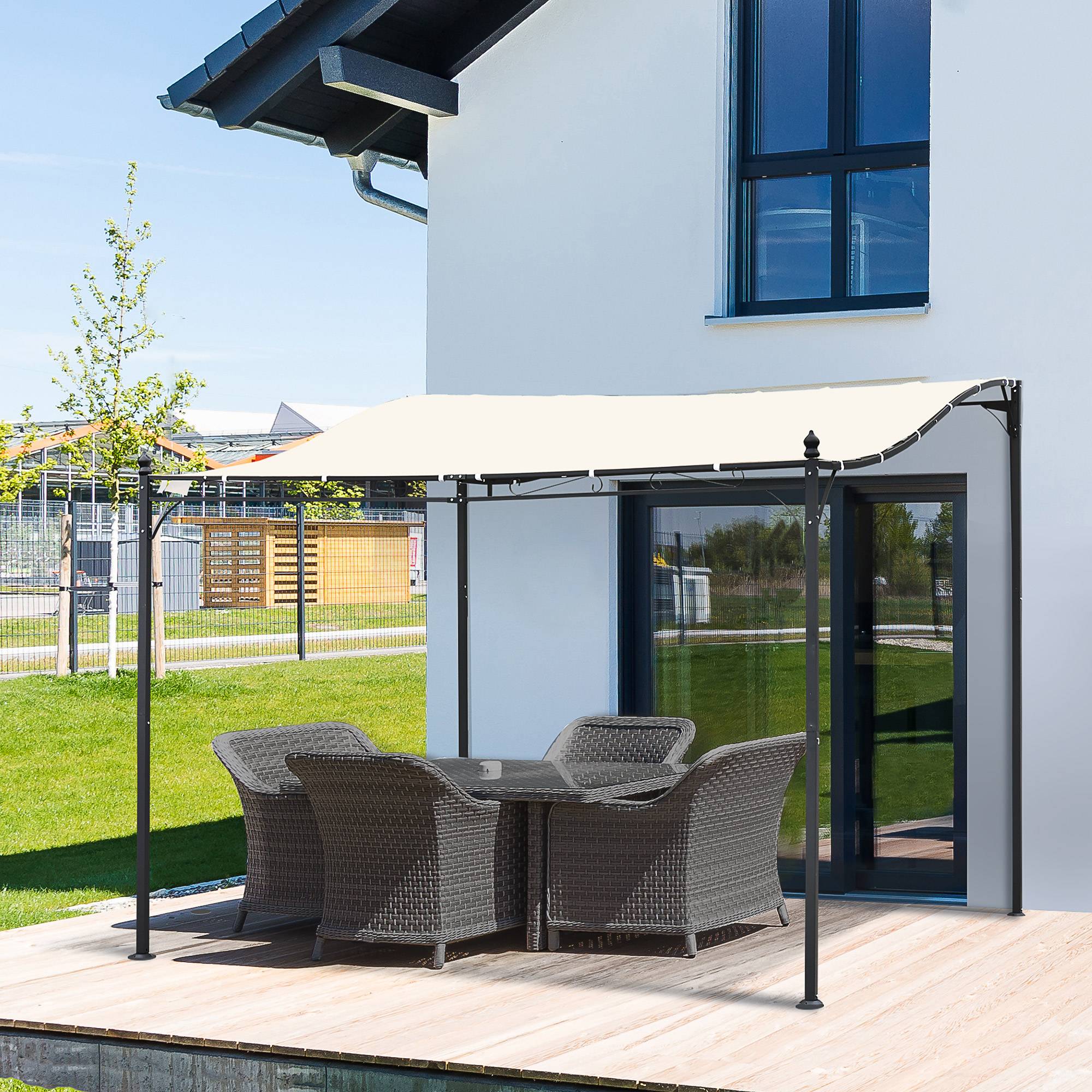 Pergola Adossée 3x3 m Acier et Polyester pour Jardin Terrasse Toit Incurvé Drainage Intégré Crème - ComfortXL Outdoor Living - Image 3
