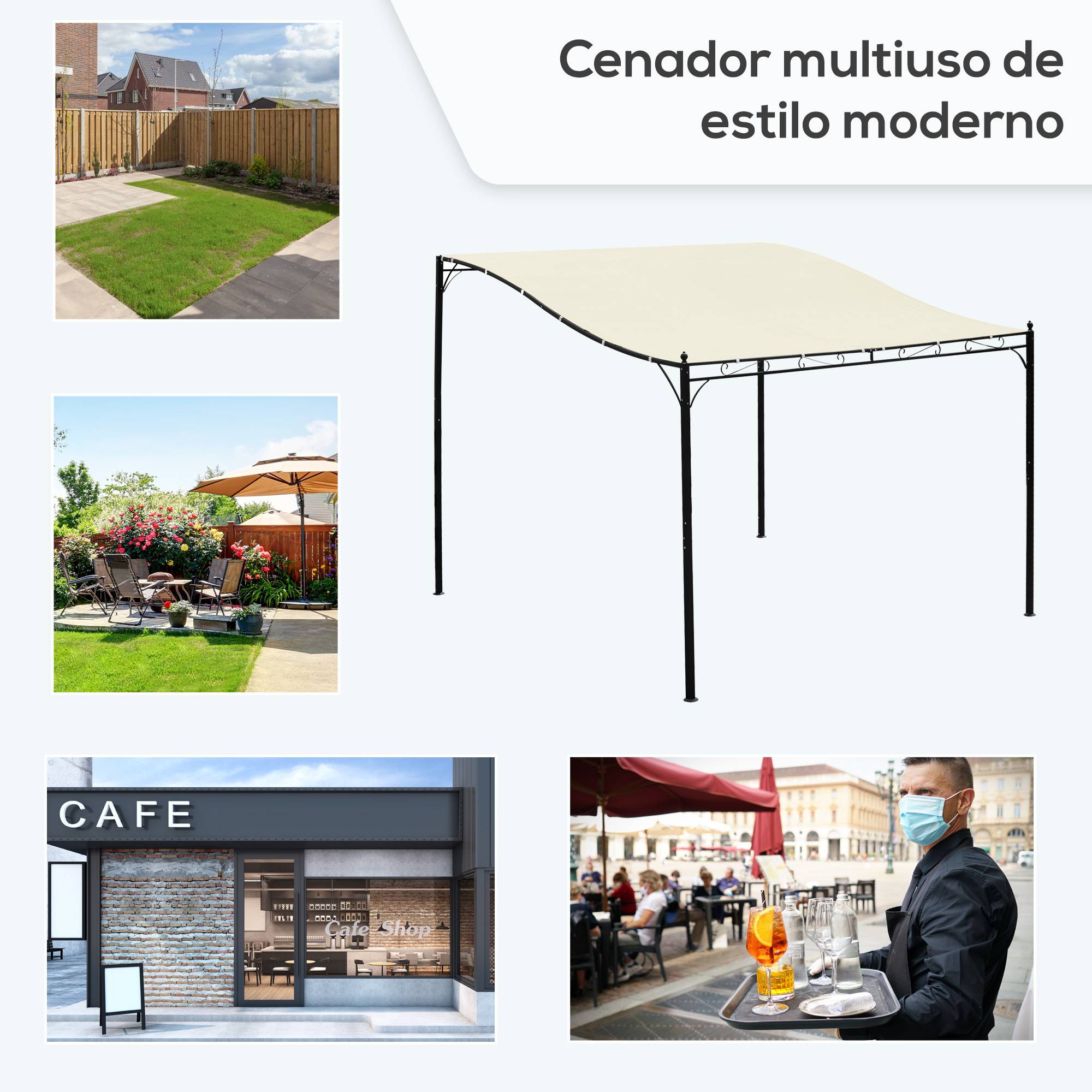 Pergola Adossée 3x3 m Acier et Polyester pour Jardin Terrasse Toit Incurvé Drainage Intégré Crème - ComfortXL Outdoor Living - Image 6