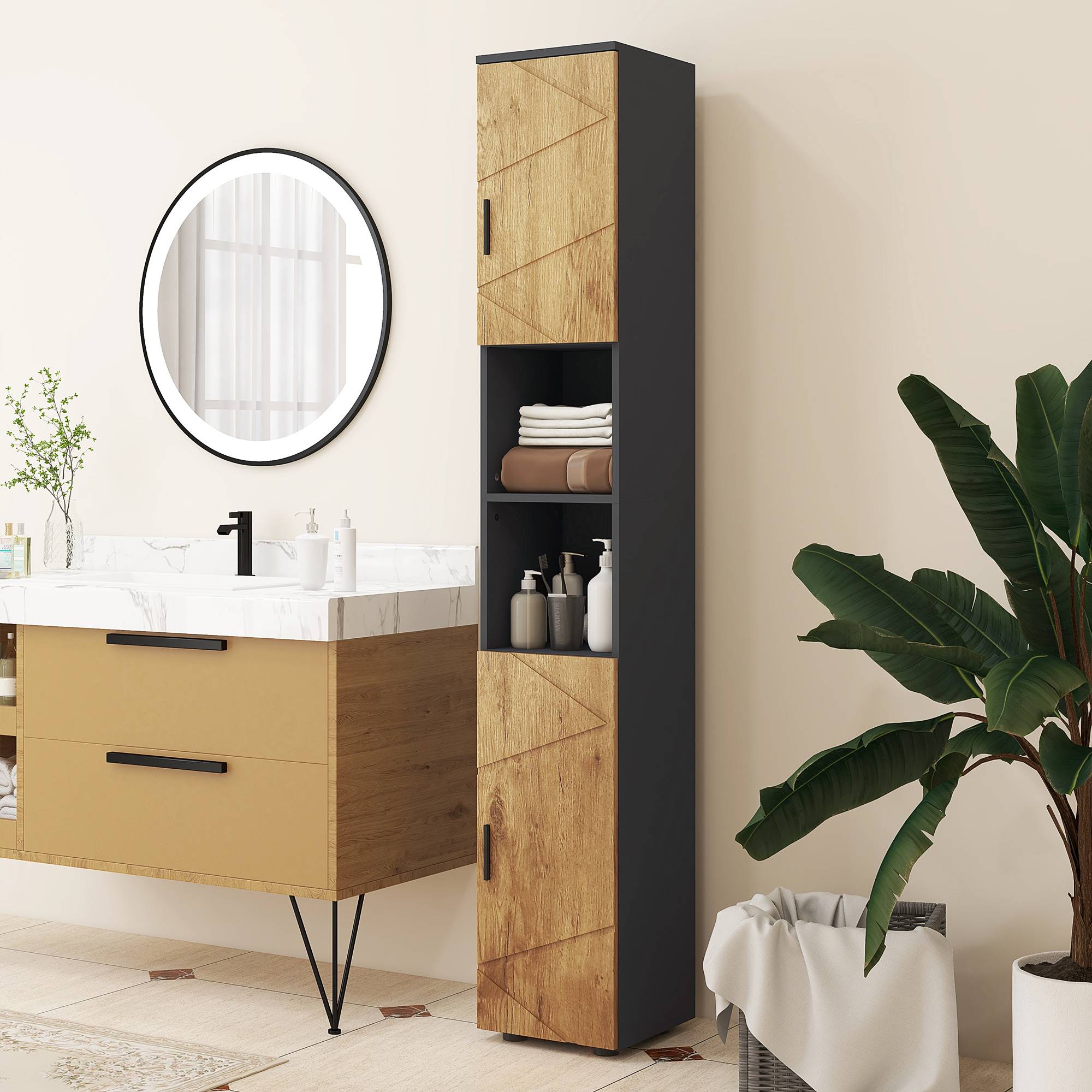Sans Marque - Armoire salle bain haute étroite 30x30x183 cm chêne gris foncé - Image 4