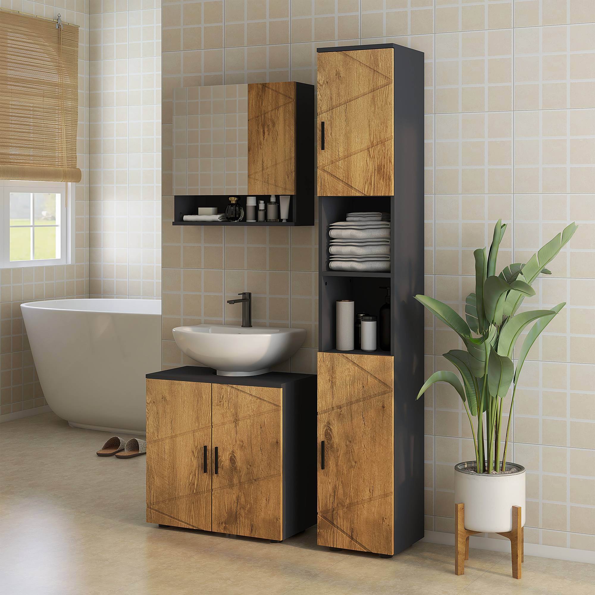 Sans Marque - Armoire salle bain haute étroite 30x30x183 cm chêne gris foncé - Image 3