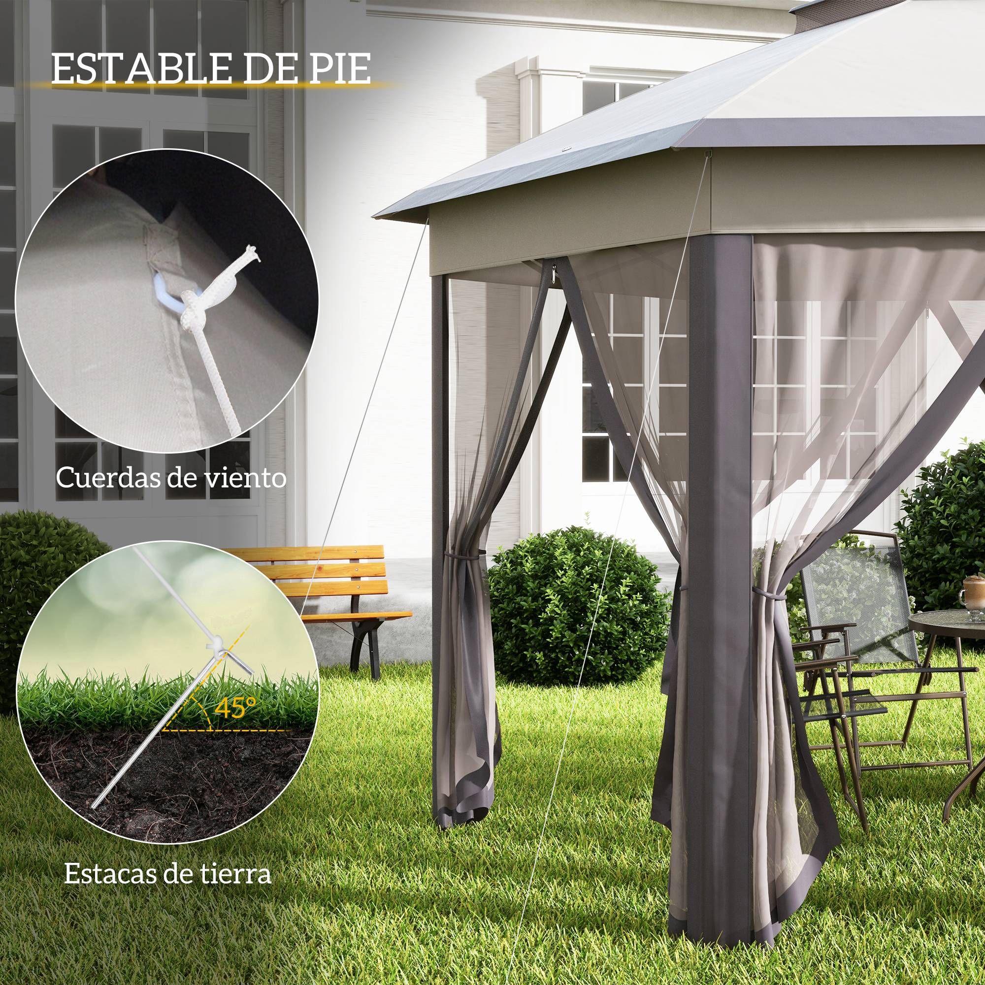 ComfortXL - Tonnelle pliante polyester jardin double toit moustiquaires 405 x 340 cm beige marron - ComfortXL Outdoor Living - Image 8