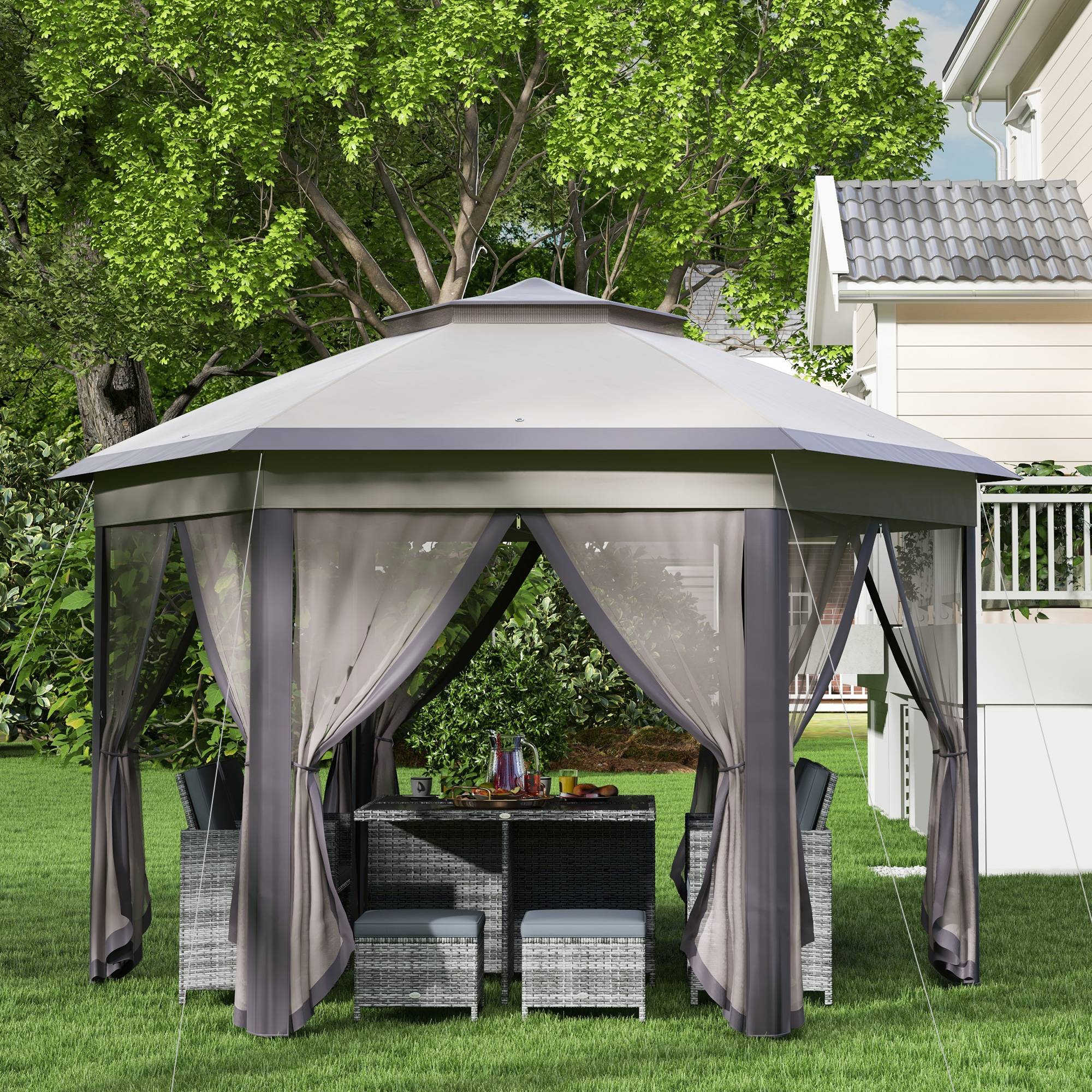ComfortXL - Tonnelle pliante polyester jardin double toit moustiquaires 405 x 340 cm beige marron - ComfortXL Outdoor Living - Image 9