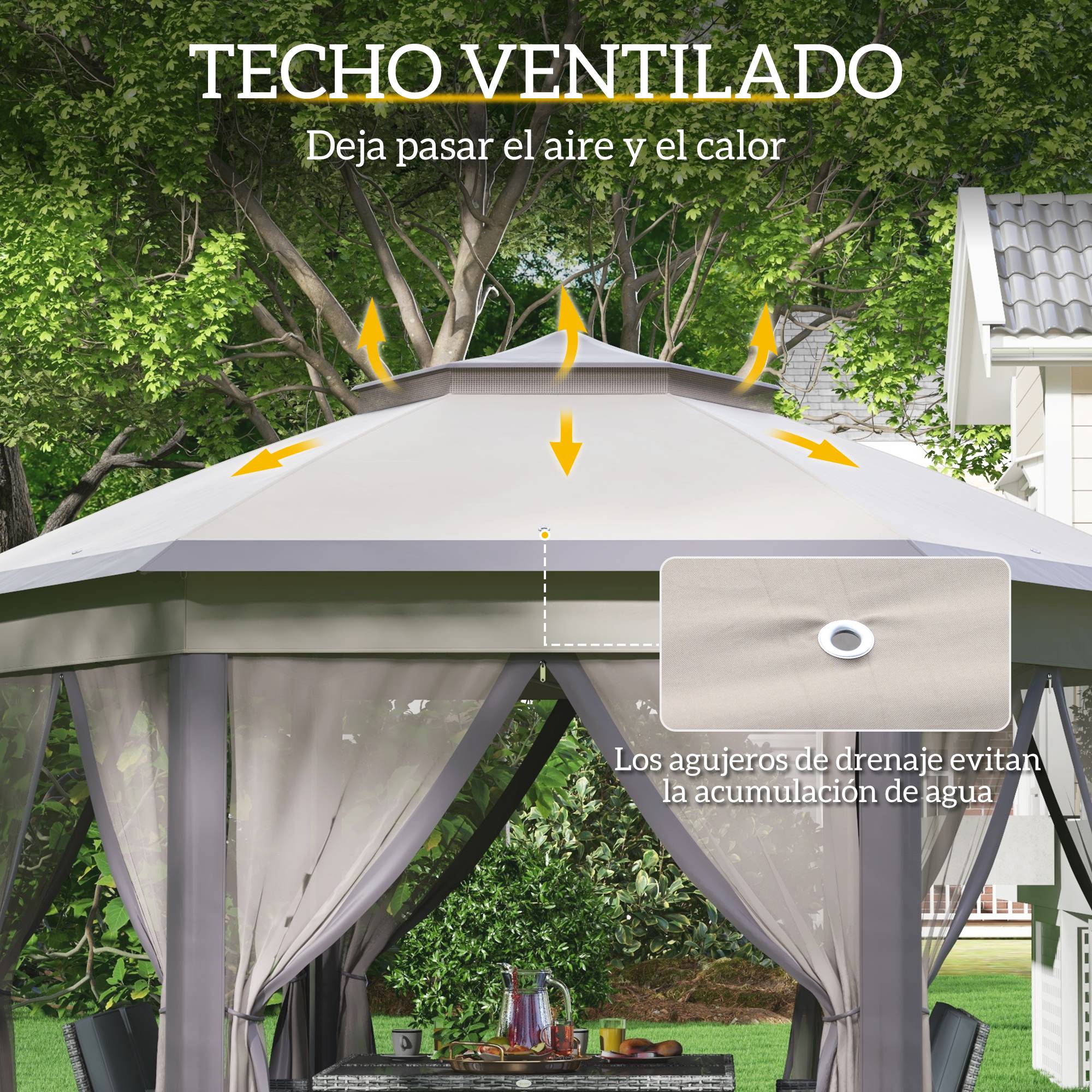 ComfortXL - Tonnelle pliante polyester jardin double toit moustiquaires 405 x 340 cm beige marron - ComfortXL Outdoor Living - Image 7