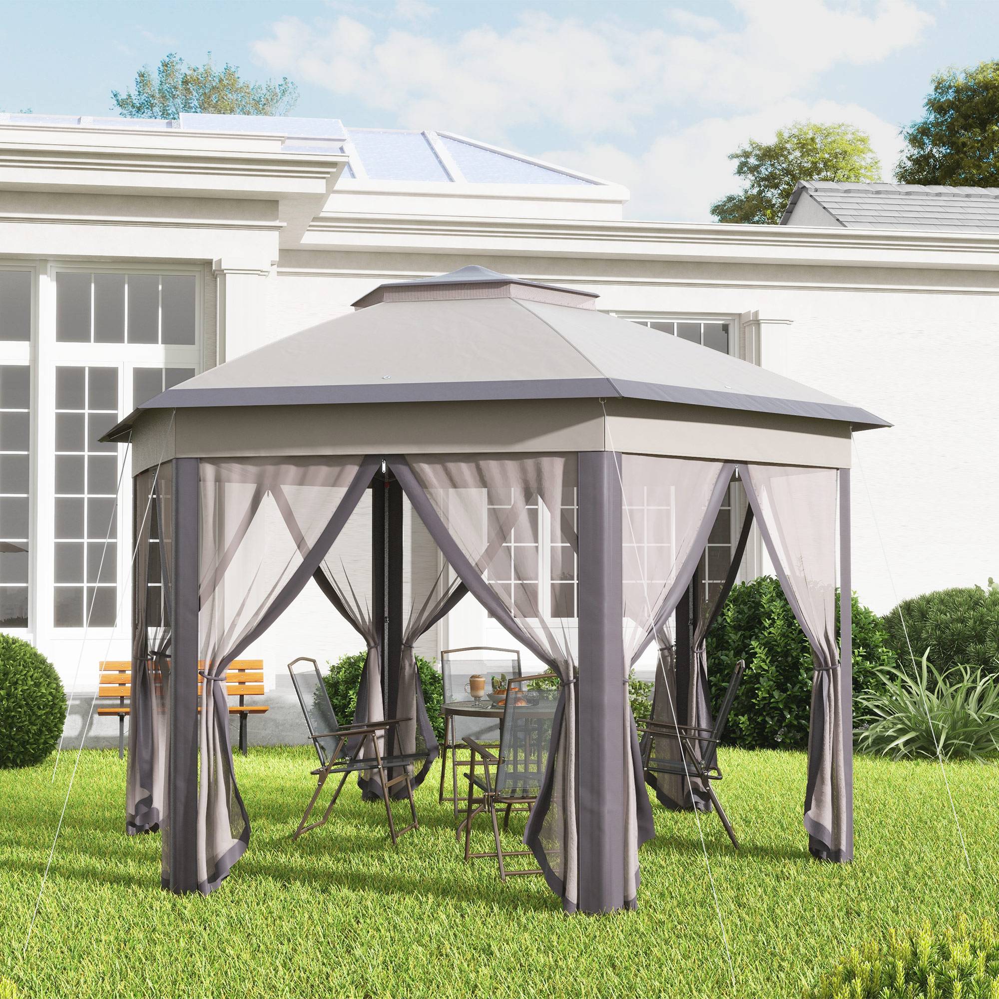 ComfortXL - Tonnelle pliante polyester jardin double toit moustiquaires 405 x 340 cm beige marron - ComfortXL Outdoor Living - Image 10