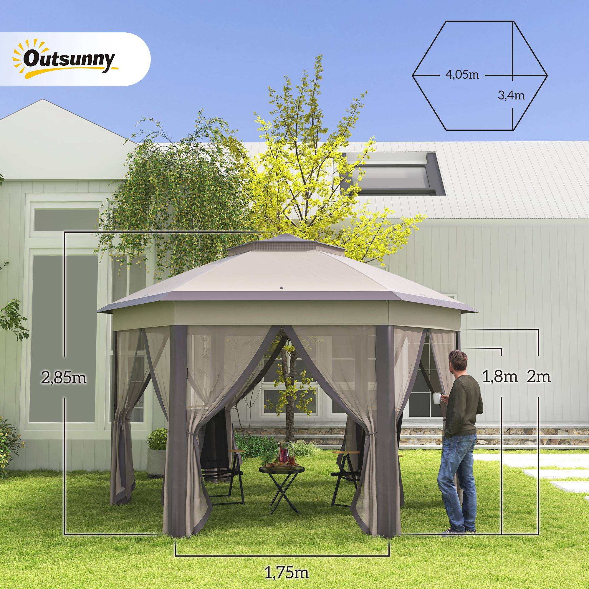 ComfortXL - Tonnelle pliante polyester jardin double toit moustiquaires 405 x 340 cm beige marron - ComfortXL Outdoor Living - Image 5