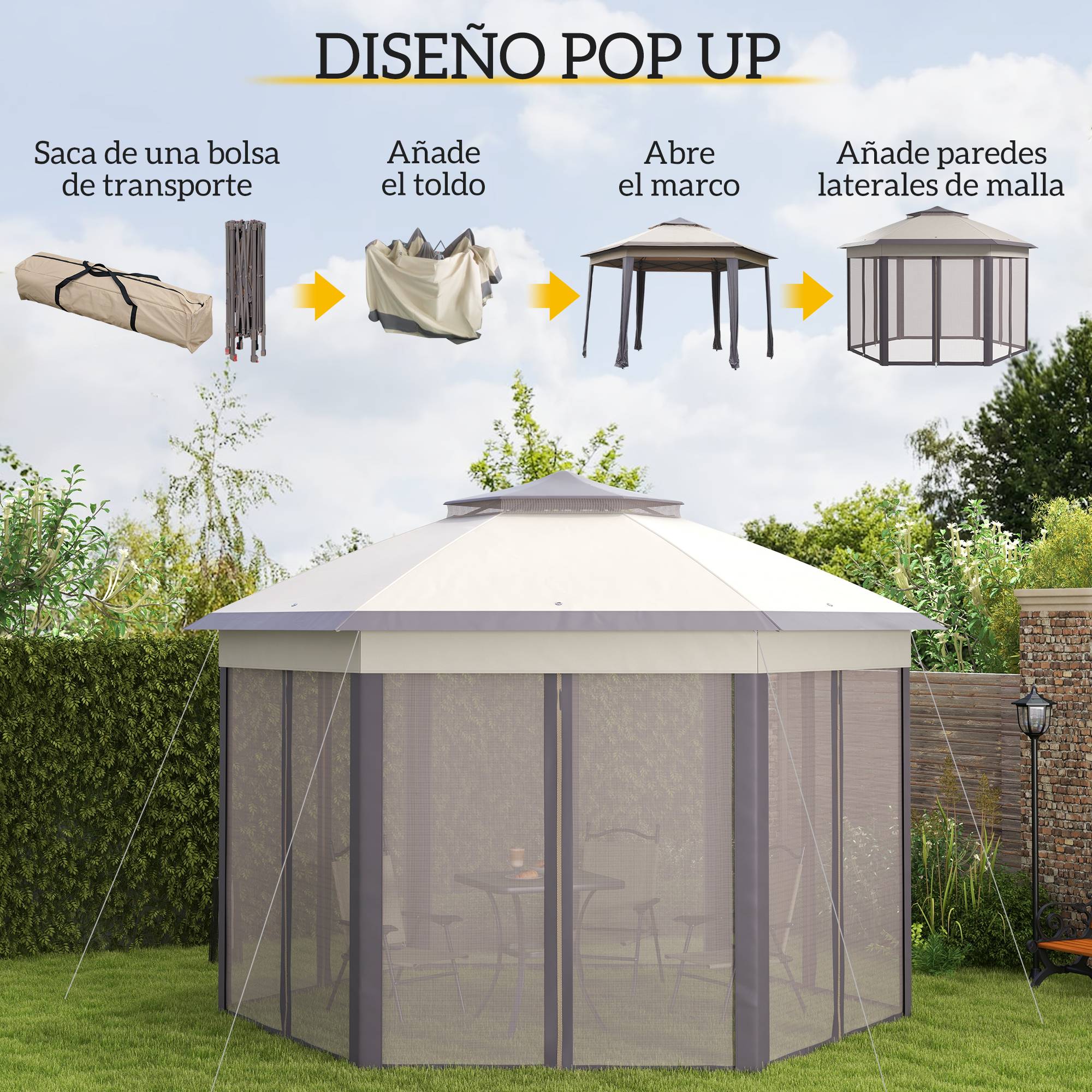 ComfortXL - Tonnelle pliante polyester jardin double toit moustiquaires 405 x 340 cm beige marron - ComfortXL Outdoor Living - Image 6